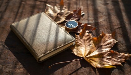 A notebook and compass alongside autumn leaves on a wooden surface