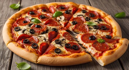 Delicious pepperoni pizza with olives and basil on rustic wood table