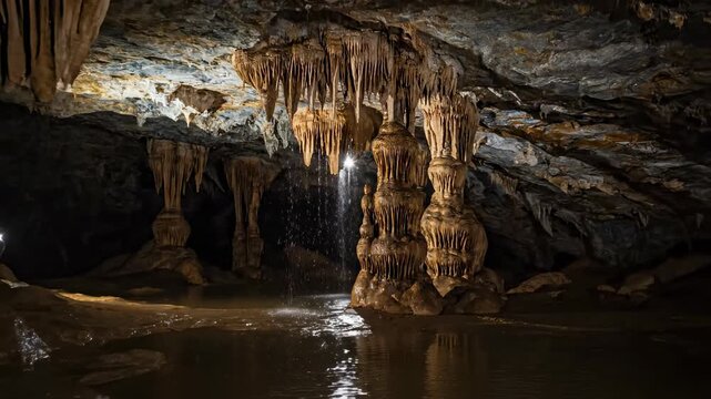 A breathtaking natural limestone cavern landscape featuring a majestic underground waterfall cascading through dark rocks and ancient stalactites in a light-filled grotto