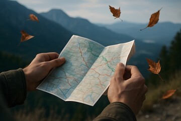 Hands holding a map exploring nature and mountain views