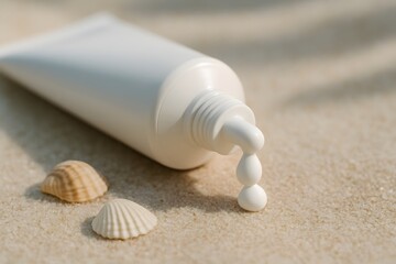 Sunscreen tube with droplets on sand near seashells