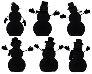 Charming collection of six festive snowman silhouettes, perfect for Christmas and winter holiday designs. These delightful graphic elements, featuring hats, scarves, and mittens, are ideal for seas