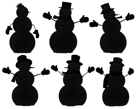 Charming collection of six festive snowman silhouettes, perfect for Christmas and winter holiday designs. These delightful graphic elements, featuring hats, scarves, and mittens, are ideal for seas - Powered by Adobe