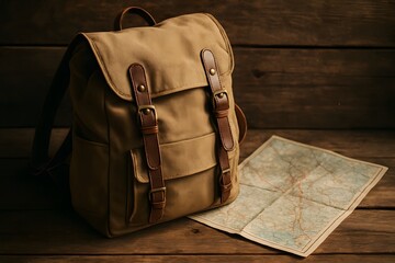 Vintage Canvas Backpack with Leather Straps Next to a Folded Map