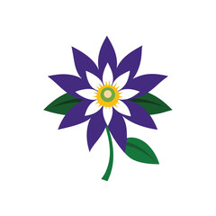 Stylized purple and white flower with green leaves