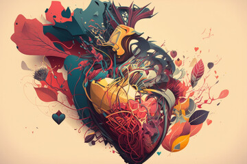 Abstract anatomical heart with leaves and veins, colorful medical and love concept