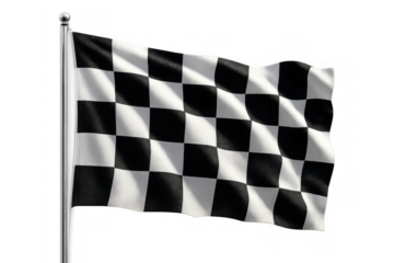 Checkered flag waving on a pole, representing motorsport, success, completion, and winning, with transparent alpha channel