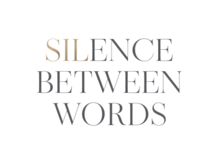 Introspective minimalist typography: "SILENCE BETWEEN WORDS" in elegant grey and gold text on a stark black background. Conveys deep meaning about communication, thought, and unspoken expression. I