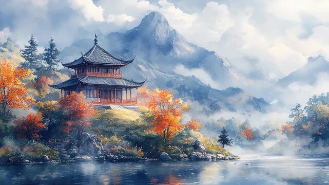 Video A serene pagoda surrounded by calm water and lush vegetation, perfect for a peaceful atmosphere