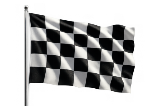 Checkered flag waving on a pole, representing motorsport, success, completion, and winning, with transparent alpha channel