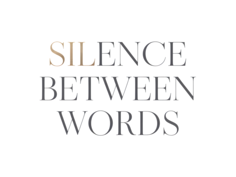 Introspective minimalist typography: "SILENCE BETWEEN WORDS" in elegant grey and gold text on a stark black background. Conveys deep meaning about communication, thought, and unspoken expression. I