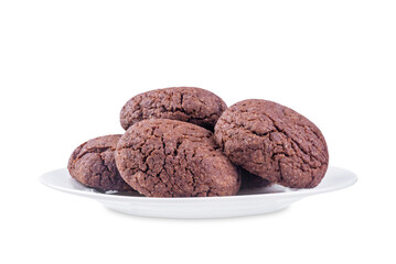 Chocolate chip cookies in a plate on a white isolated background