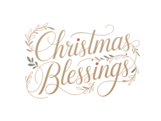 Elegant 'Christmas Blessings' calligraphic text with festive leaf and berry accents. Perfect for holiday cards, banners & decorative designs.