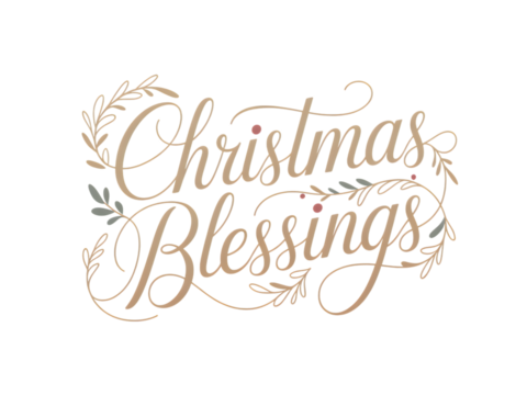 Elegant 'Christmas Blessings' calligraphic text with festive leaf and berry accents. Perfect for holiday cards, banners & decorative designs.