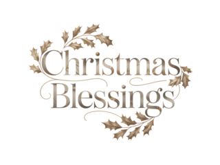 Elegant "Christmas Blessings" text in metallic gold with holly leaves on black, perfect for holiday cards, festive banners, and seasonal greetings.