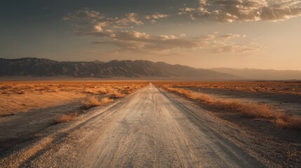 long road through desert with distant mountains, golden hour lighting, textured sky, cinematic and immersive, evokes travel and adventure, soft warm