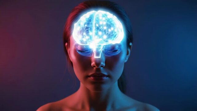 A surreal  of a woman with a glowing brain on her face, perfect for use in s and editorial content