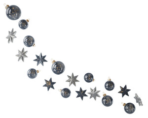 Elegant Christmas holiday decoration with festive dark blue baubles, glittering gold particles, and...