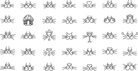 Playful cat nose and whisker icon collection, creative feline face set, cute cartoon outline symbols for design projects © Earshad Creative