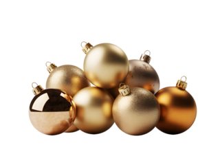 Luxurious golden Christmas ornaments pile on black background, perfect for festive holiday designs, elegant New Year celebrations, and seasonal greetings. A shiny symbol of joy and warmth.