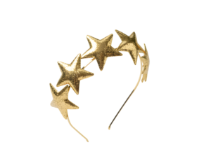 Golden star headband with sparkling glitter on a black background. Perfect festive accessory for parties, New Year's Eve celebrations, Christmas, or fun costumes. Shiny, elegant, and playful.