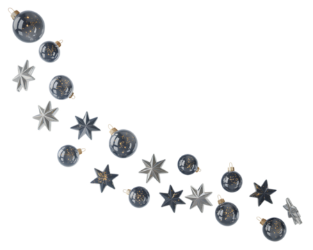 Elegant Christmas holiday decoration with festive dark blue baubles, glittering gold particles, and silver stars on a black background. Perfect for winter celebrations, banners, and greeting cards.