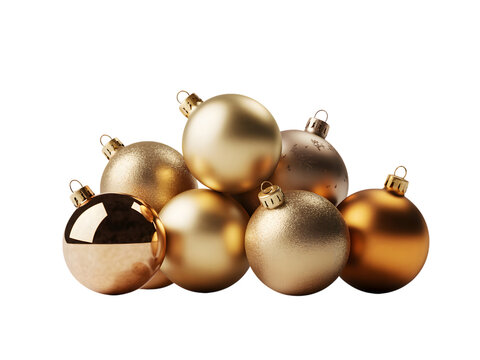 Luxurious golden Christmas ornaments pile on black background, perfect for festive holiday designs, elegant New Year celebrations, and seasonal greetings. A shiny symbol of joy and warmth.