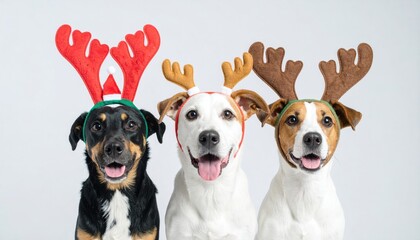 three dogs pet celebrating christmas wearing a reindeer antlers diadem, santa hat and red ribbon
