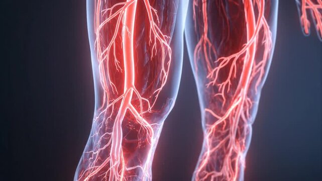 Human leg anatomy with visible blood vessels and arteries. Medical illustration displaying the vascular system for educational and healthcare use. Problem varicose veins disease.