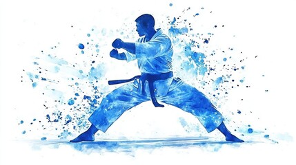 Blue watercolor karate fighter in a dynamic pose, with abstract blue splashes erupting around them.