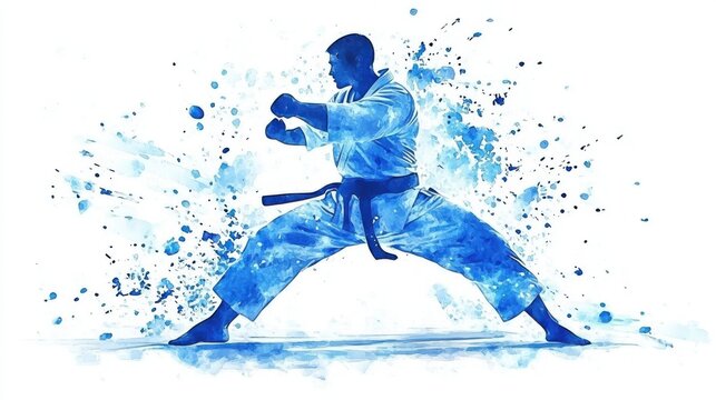 Blue watercolor karate fighter in a dynamic pose, with abstract blue splashes erupting around them.