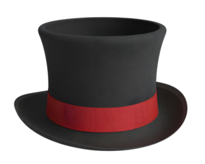 Elegant black top hat with a vibrant red ribbon, a classic formal accessory. Perfect for magic shows, fancy dress, Victorian themes, or festive holiday designs. Sophisticated style on black.