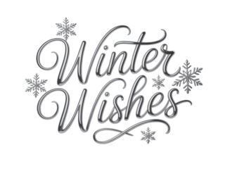 "Winter Wishes" elegant silver typography with sparkling snowflakes. Perfect for holiday greetings, seasonal banners, Christmas designs, New Year cards, invitations, and winter promotions.