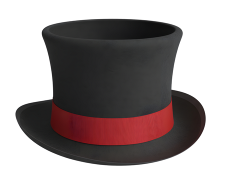 Elegant black top hat with a vibrant red ribbon, a classic formal accessory. Perfect for magic shows, fancy dress, Victorian themes, or festive holiday designs. Sophisticated style on black.