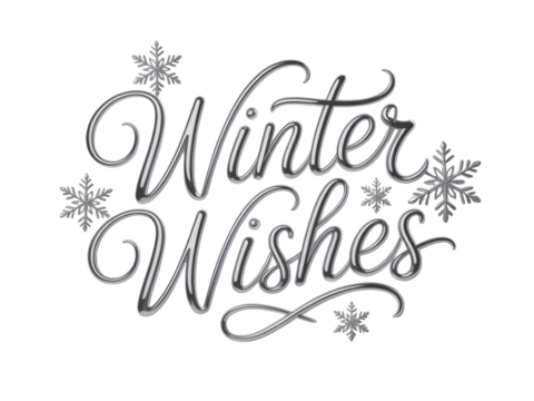 "Winter Wishes" elegant silver typography with sparkling snowflakes. Perfect for holiday greetings, seasonal banners, Christmas designs, New Year cards, invitations, and winter promotions.