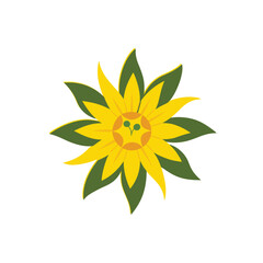Stylized yellow flower with green leaves and a smiley face center