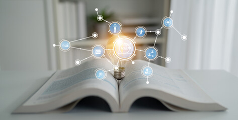 Open book with a glowing light bulb and connected digital icons represent the fusion of knowledge and technology in modern learning and innovation environments. Tessel