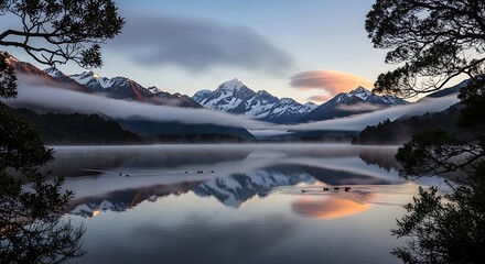 Majestic mountain range reflected in a calm lake at sunrise with misty clouds