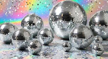 Collection of sparkling disco balls of various sizes with colorful confetti background