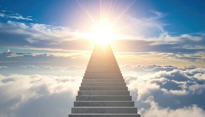 Staircase leading to shining sun in the sky, minimalist style, motivational concept of progress and success