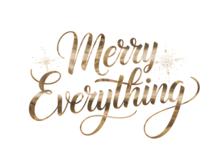 Elegant gold 'Merry Everything' festive greeting card design. Sparkling glitter script lettering with decorative snowflakes, perfect for holiday banners, invitations, and seasonal promotions.