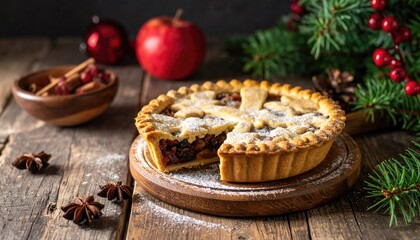 Fototapeta premium Traditional British Christmas mince pie. Homemade sweet mincemeat tart cake, filled with spiced dried fruit, nuts and apples