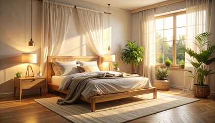 A minimal bedroom with organic bedding, warm evening light, plants, wooden textures and a peaceful sleep-focused aesthetic.
