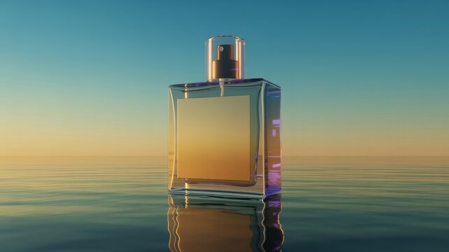 Elegant perfume bottle reflecting a serene sunset over calm ocean waters