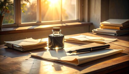 A sunlit desk with handmade paper sheets, ink bottle, fountain pen and soft shadows, capturing a calm intentional creative moment.
