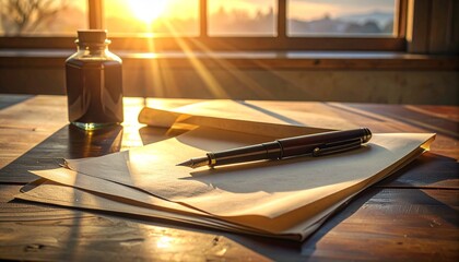 A sunlit desk with handmade paper sheets, ink bottle, fountain pen and soft shadows, capturing a calm intentional creative moment.

