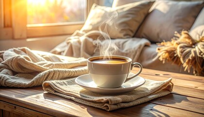 A warm morning scene with a cup of coffee on a wooden table, soft sunlight, linen textures and a cozy relaxed weekend atmosphere.