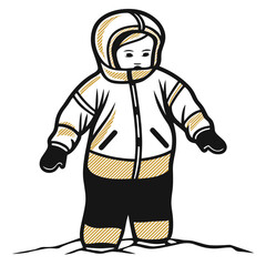 Child in snowsuit playing in snow during winter in the village  