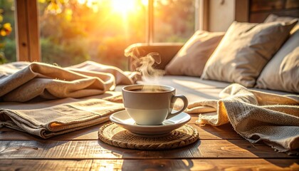 A warm morning scene with a cup of coffee on a wooden table, soft sunlight, linen textures and a cozy relaxed weekend atmosphere.