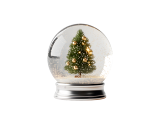 Festive 3D Christmas snow globe with decorated pine tree, golden ornaments, and falling snow on a dark background. Perfect for holiday greetings & winter designs.